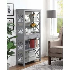 Deals 🌟 Convenience Concepts Oxford Five-Tier Bookcase With Drawer In Gray Wood Finish 🎁