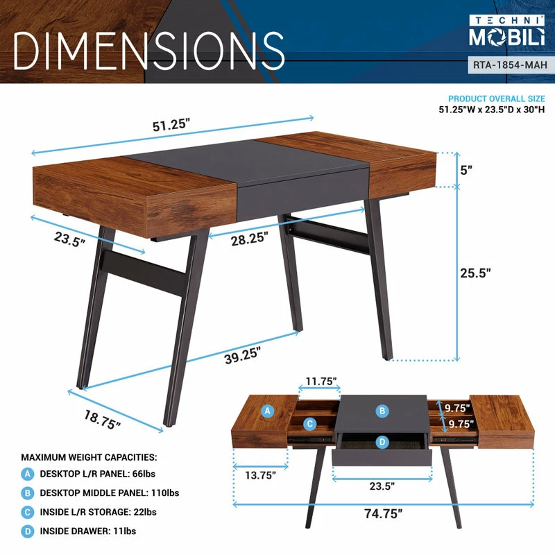 Budget π Rta Products- L Techni Mobili Expandable Modern Desk With Storage, Mahogany π― - Image 6
