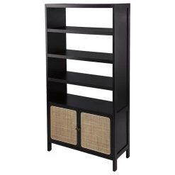 Cheapest 🎉 Decorn Multifunctional Bookcase, 4 Open Shelves And Cabinet With Rattan Doors, Black 🤩