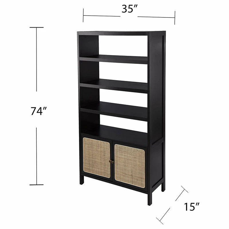 Cheapest ๐ Decorn Multifunctional Bookcase, 4 Open Shelves And Cabinet With Rattan Doors, Black ๐คฉ - Image 3