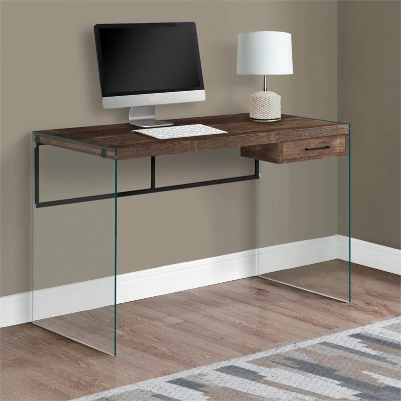 Buy 😀 Monarch 48" Modern Glass Panel Side Wood Top Writing Desk In Brown 👏 - Image 2
