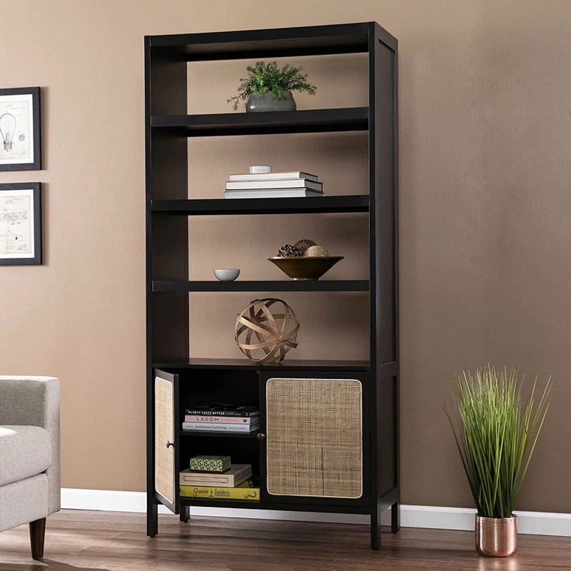 Cheapest ๐ Decorn Multifunctional Bookcase, 4 Open Shelves And Cabinet With Rattan Doors, Black ๐คฉ - Image 4