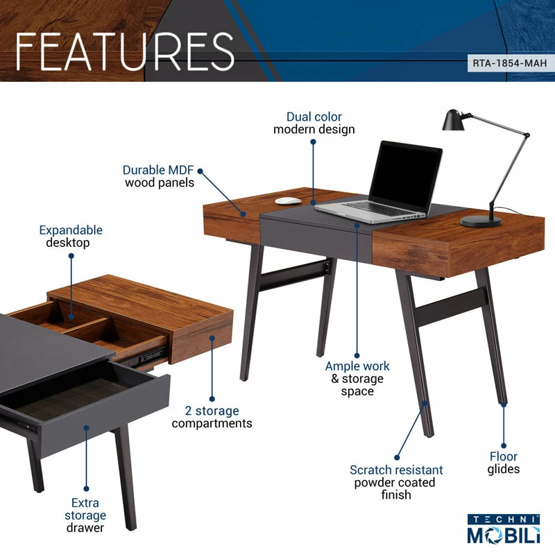 Budget π Rta Products- L Techni Mobili Expandable Modern Desk With Storage, Mahogany π― - Image 5