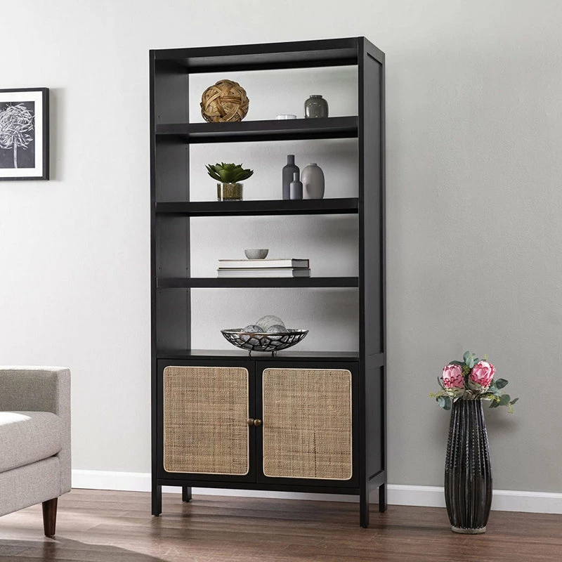 Cheapest ๐ Decorn Multifunctional Bookcase, 4 Open Shelves And Cabinet With Rattan Doors, Black ๐คฉ - Image 2